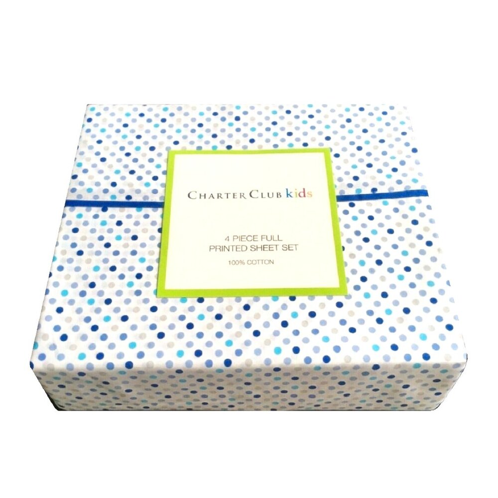 brand new 4-pc Charter Club Dot-Print 100% Cotton FULL Sheet Set - Blue on White